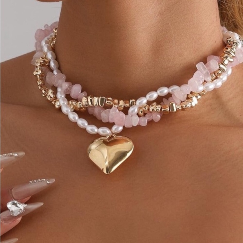 New Gold Heart Layered Necklace with Pink Stones and Pearls